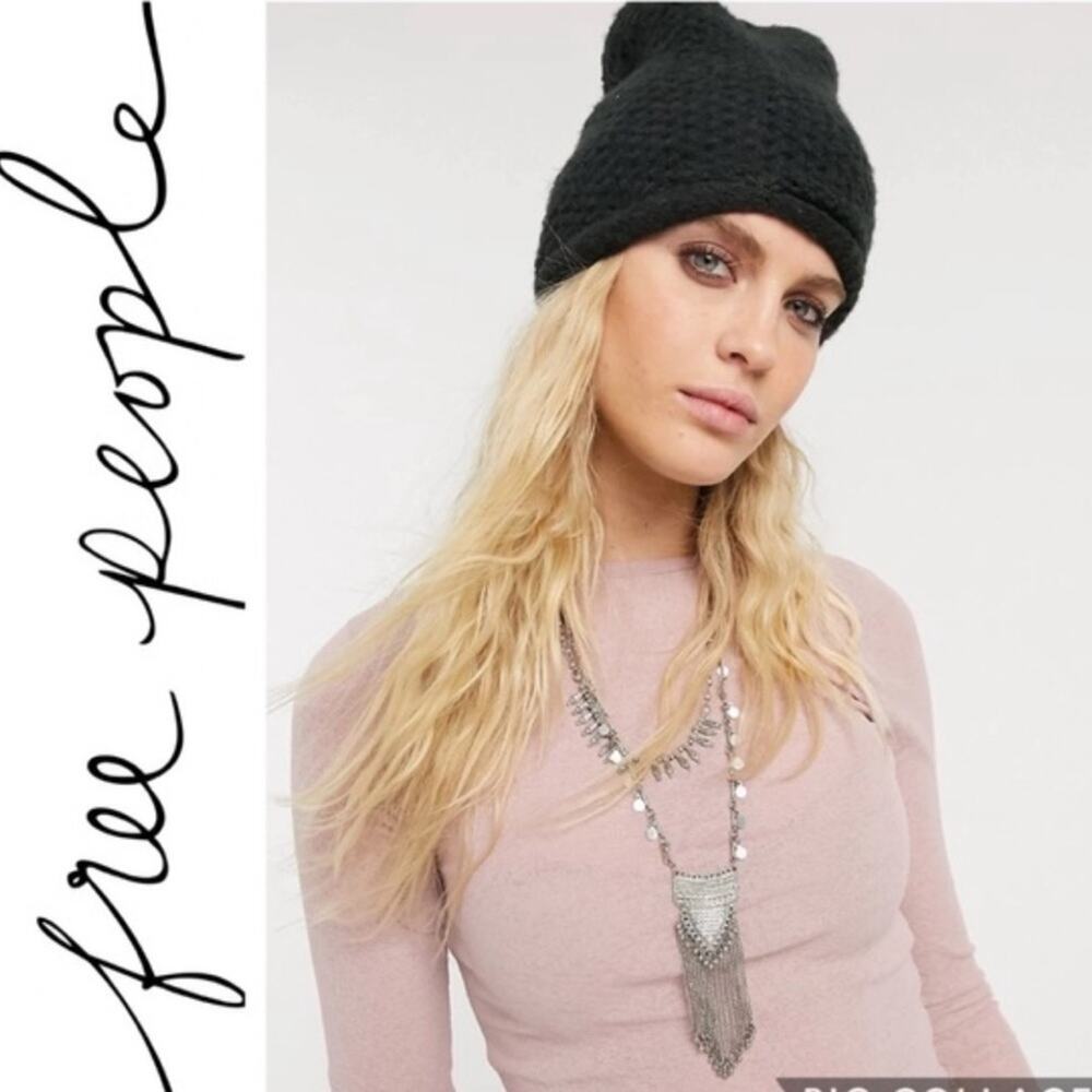 Free People Dreamland Knit Beanie Black One Size Fits Most